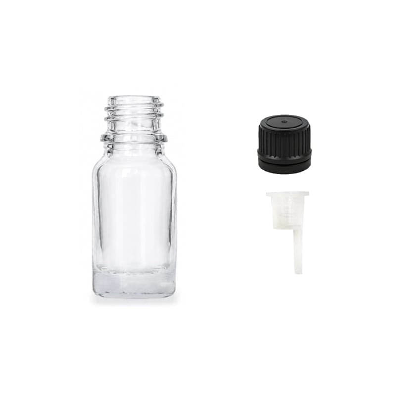 10ml Clear Glass Dropper Bottle with 0.6mm Dripper Insert and Tamper Evident Black Cap (Type II)