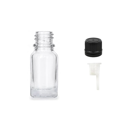 10ml Clear Glass Dropper Bottle with 0.6mm Dripper Insert and Tamper Evident Black Cap (Type II)
