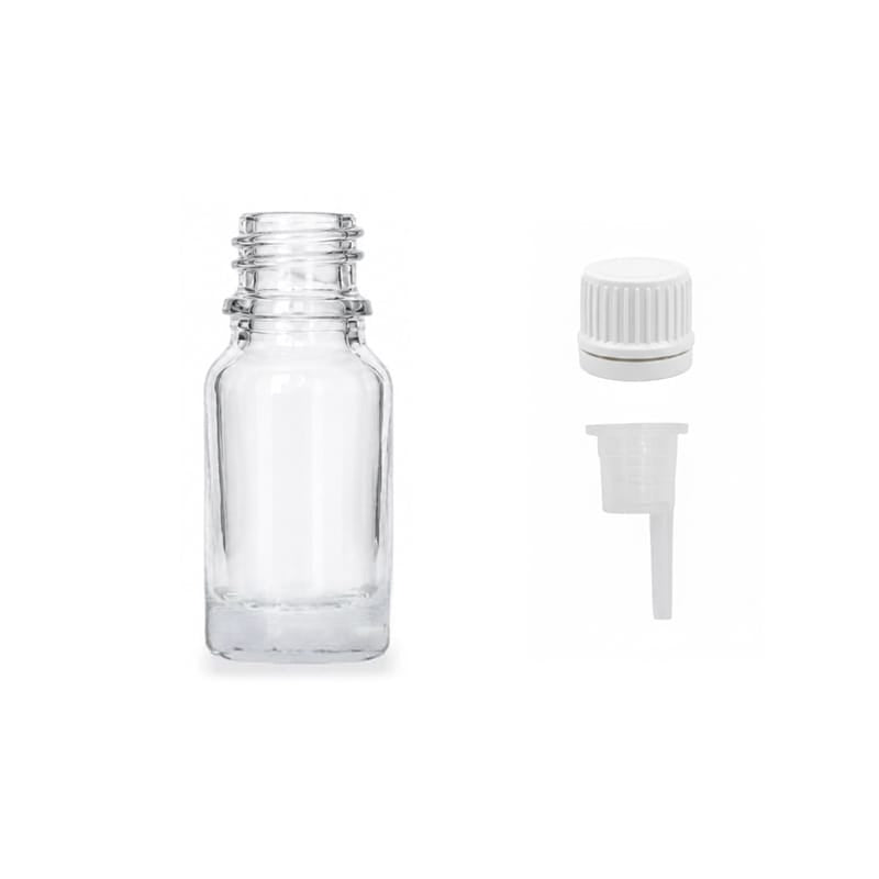 10ml Clear Glass Dropper Bottle with 0.6mm Dripper Insert and Tamper Evident White Cap (Type II)