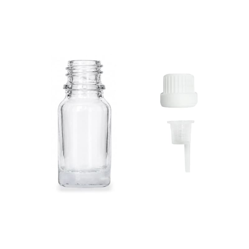 10ml Clear Glass Dropper Bottle with 0.6mm Dripper Insert and Tamper Evident White Cap (Type III)