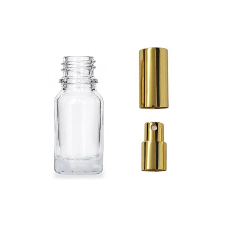 10ml Clear Glass Dropper Bottle with Gold Atomiser with Gold Over Cap