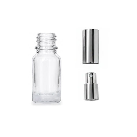 10ml Clear Glass Dropper Bottle with Silver Atomiser with Silver Over Cap