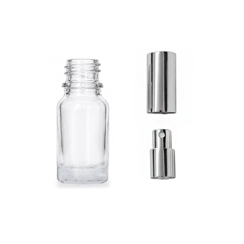 10ml Clear Glass Dropper Bottle with Silver Atomiser with Silver Over Cap
