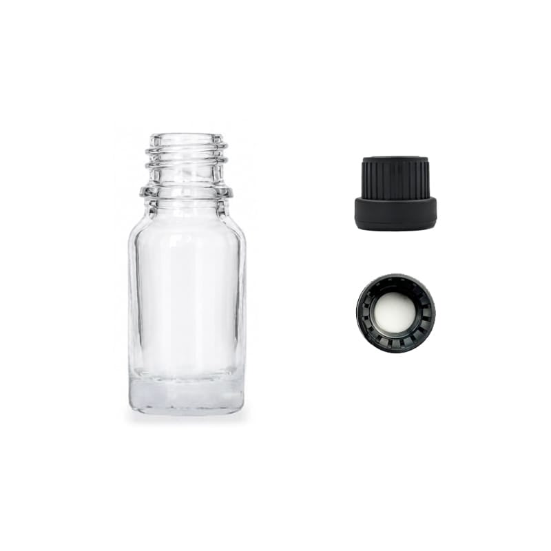 10ml Clear Glass Dropper Bottle with Tamper Evident Ribbed Black Cap and EPE Liner (Type III)
