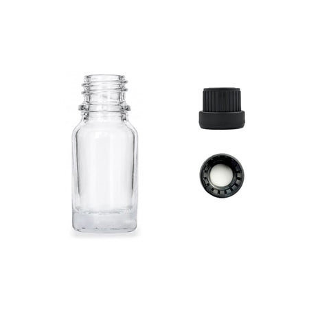 10ml Clear Glass Dropper Bottle with Tamper Evident Ribbed Black Cap and EPE Liner (Type III)