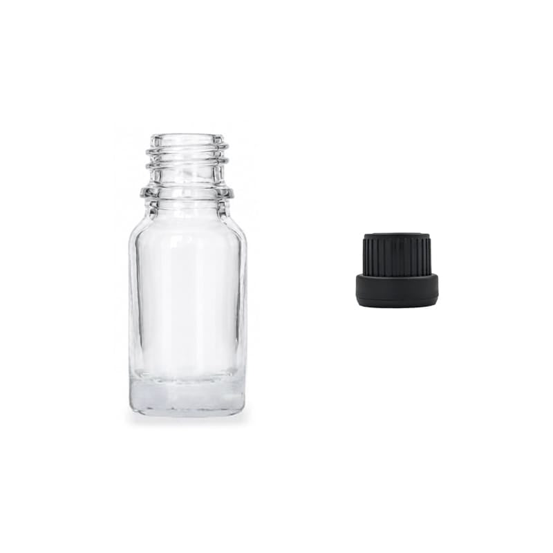 10ml Clear Glass Dropper Bottle with Tamper Evident Ribbed Black Cap (Type III)