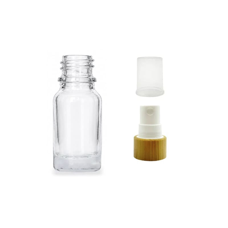 10ml Clear Glass Dropper Bottle with White Atomiser with Bamboo Collar and Clear Over Cap