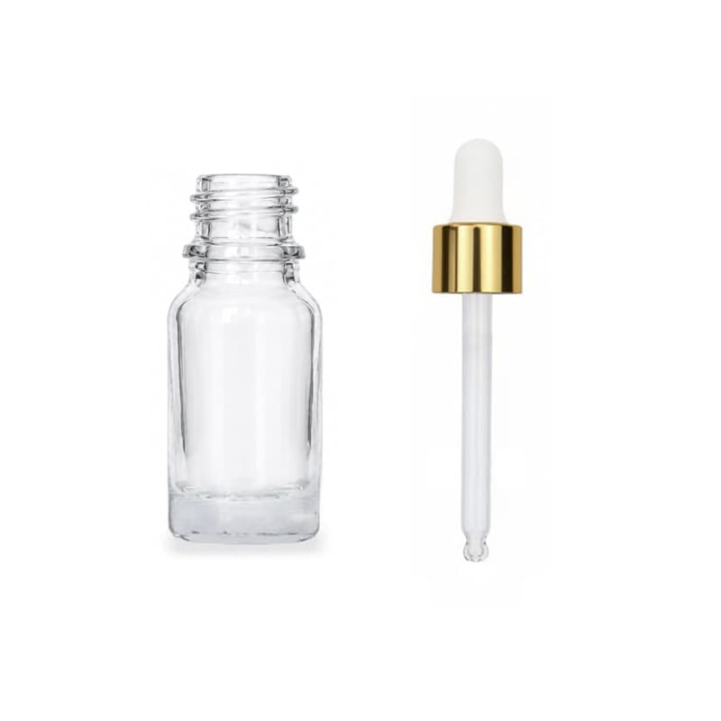 10ml Clear Glass Dropper Bottle with White & Gold Dropper