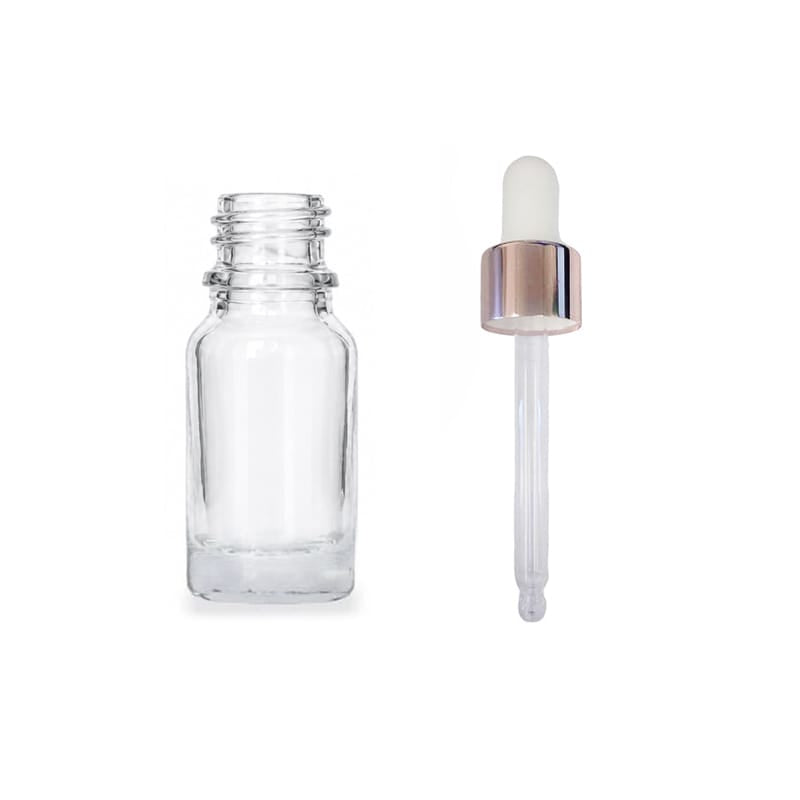 10ml Clear Glass Dropper Bottle with White & Rose Gold Dropper