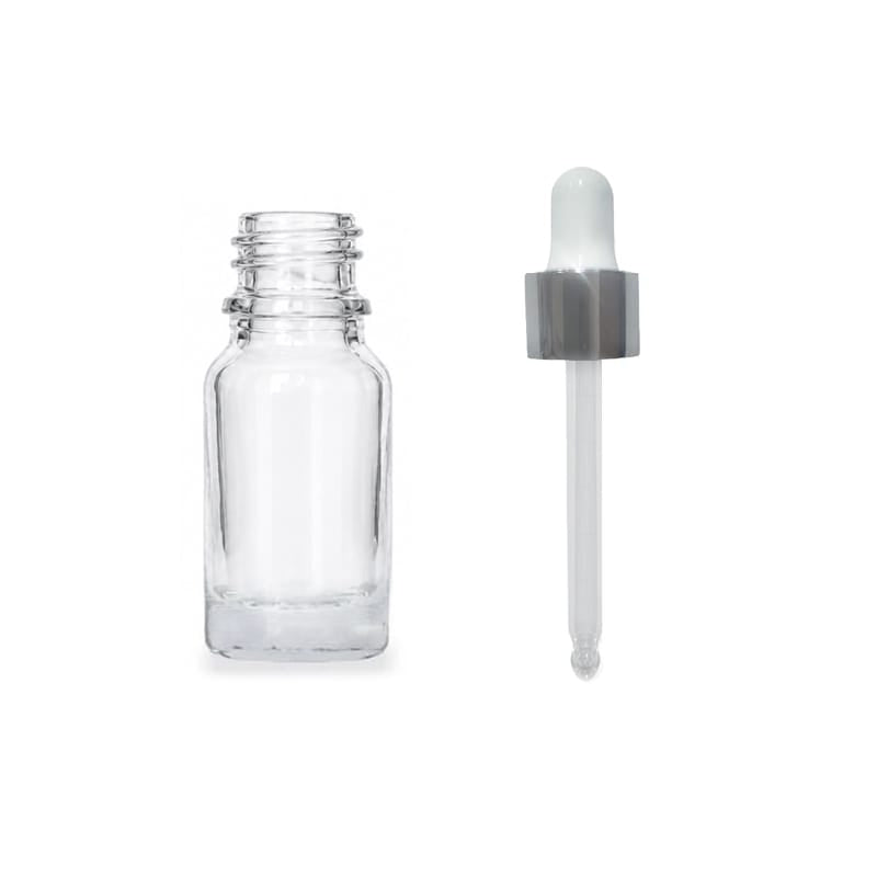 10ml Clear Glass Dropper Bottle with White & Silver Dropper