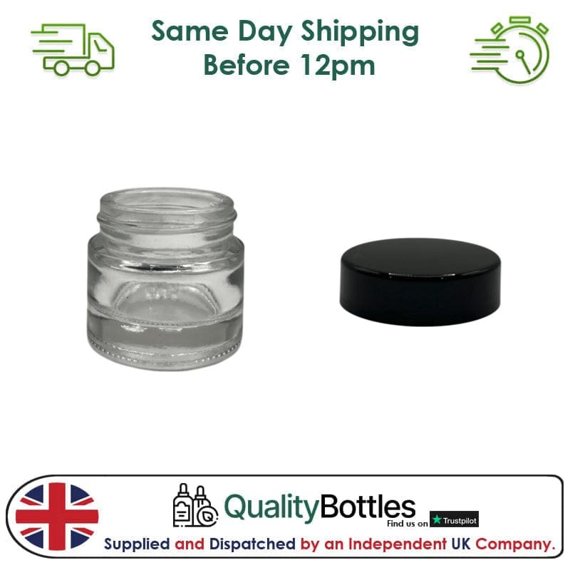 10ml Clear Glass Jar With Black ABS Lid - Pack of 15