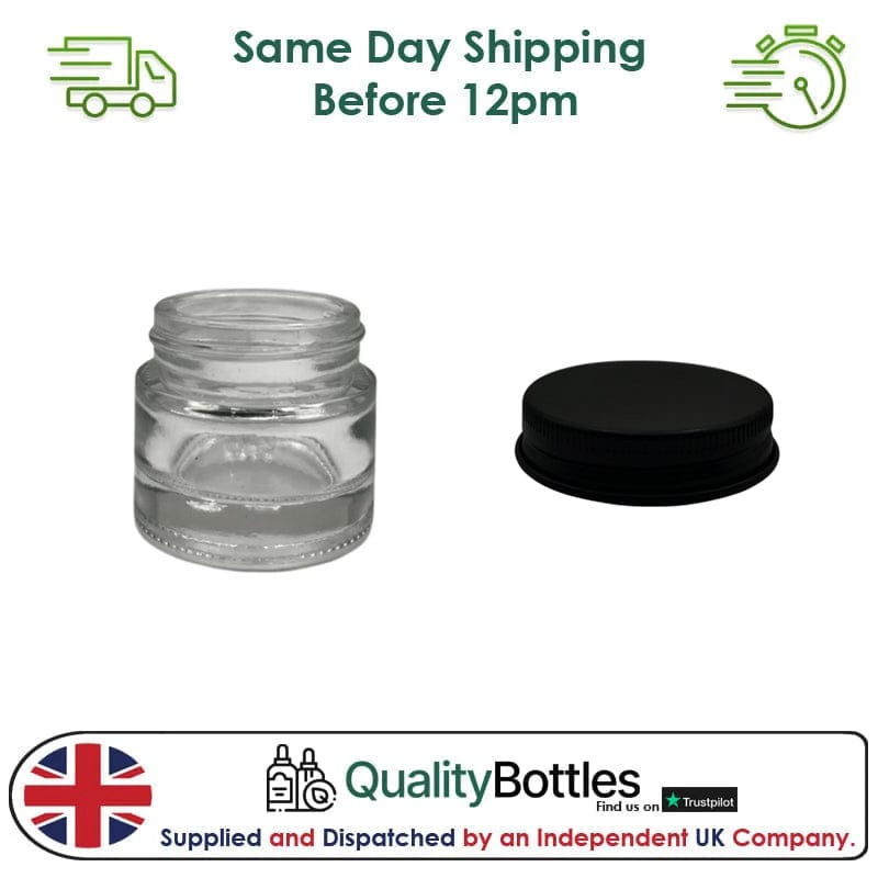 10ml Clear Glass Jar With Matte Black Aluminium Lid - Pack of 15