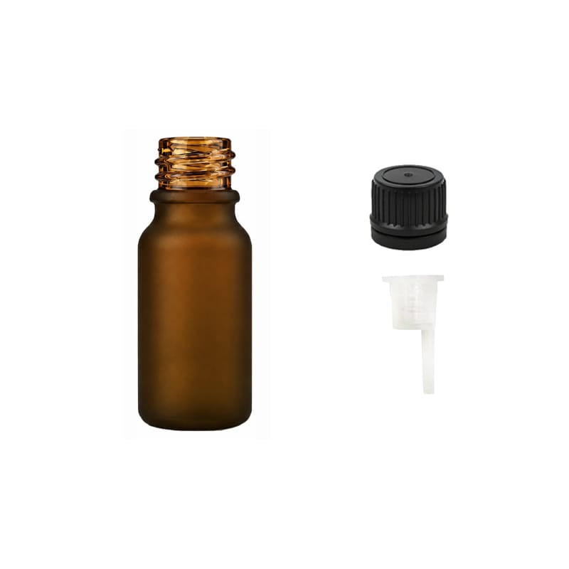 10ml Frosted Amber Glass Dropper Bottle with 0.6mm Dripper Insert and Tamper Evident Black Cap (Type II)