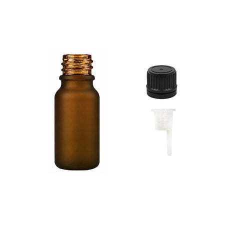 10ml Frosted Amber Glass Dropper Bottle with 0.6mm Dripper Insert and Tamper Evident Black Cap (Type II)
