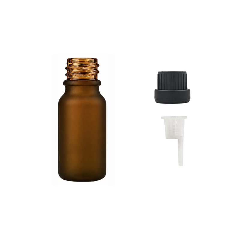 10ml Frosted Amber Glass Dropper Bottle with 0.6mm Dripper Insert and Tamper Evident Black Cap (Type III)