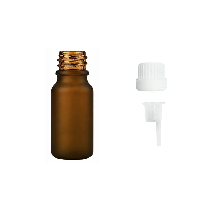 10ml Frosted Amber Glass Dropper Bottle with 0.6mm Dripper Insert and Tamper Evident White Cap (Type III)