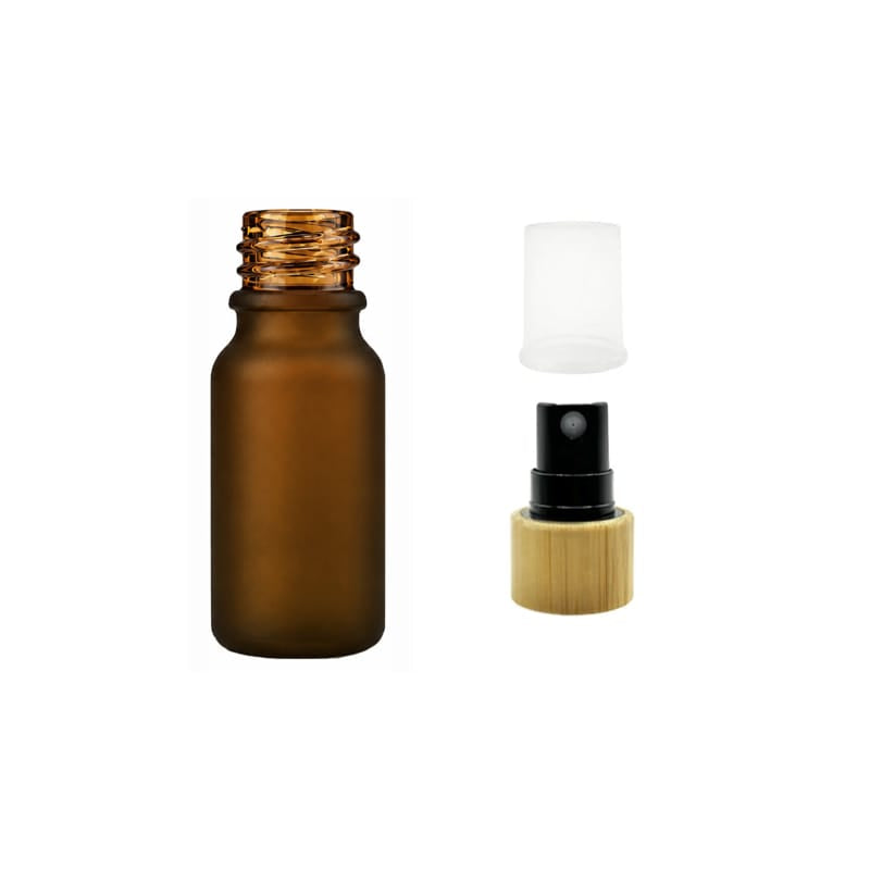 10ml Frosted Amber Glass Dropper Bottle with Black Atomiser with Bamboo Collar and Clear Over Cap