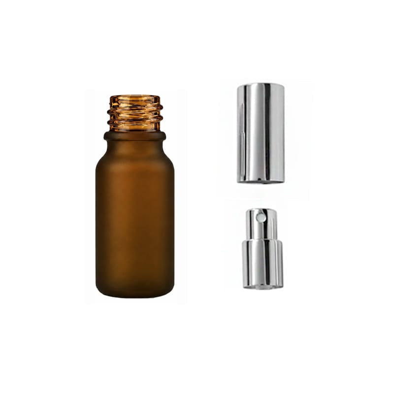 10ml Frosted Amber Glass Dropper Bottle with Silver Atomiser with Silver Over Cap