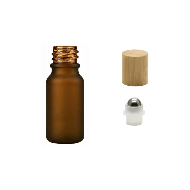 10ml Frosted Amber Glass Dropper Bottle with Stainless Steel Roller Ball Insert with Bamboo Cap