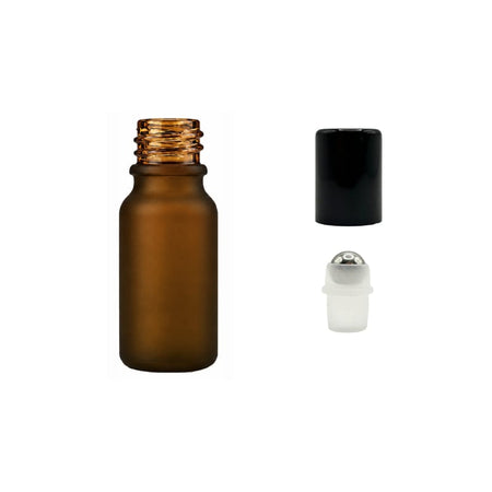 10ml Frosted Amber Glass Dropper Bottle with Stainless Steel Roller Ball with Metal Gloss Black Cap