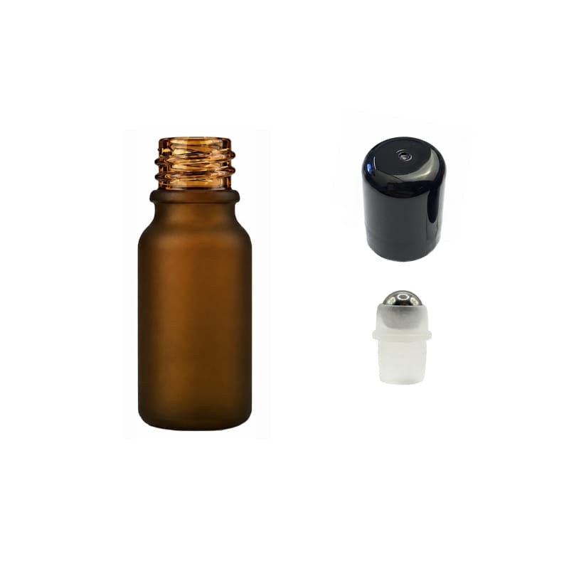 10ml Frosted Amber Glass Dropper Bottle with Stainless Steel Roller Ball with Plastic Black Cap