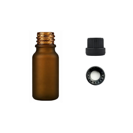 10ml Frosted Amber Glass Dropper Bottle with Tamper Evident Ribbed Black Cap and EPE Liner (Type III)