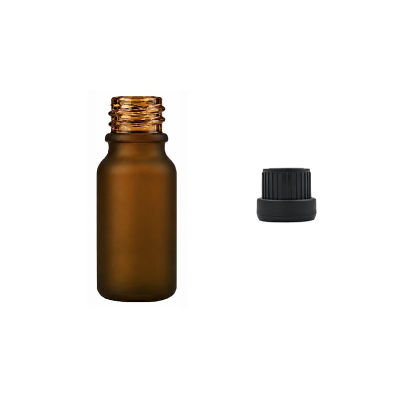 10ml Frosted Amber Glass Dropper Bottle with Tamper Evident Ribbed Black Cap (Type III)