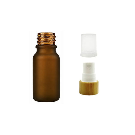 10ml Frosted Amber Glass Dropper Bottle with White Atomiser with Bamboo Collar and Clear Over Cap