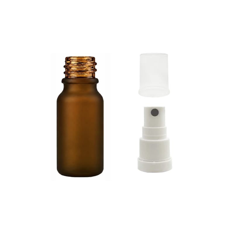 10ml Frosted Amber Glass Dropper Bottle with White Tamper Evident Atomiser and Clear Over Cap (Type III)