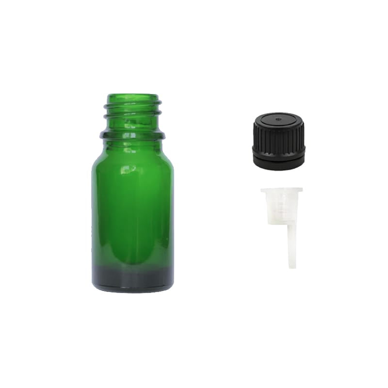 10ml Green Glass Dropper Bottle with 0.6mm Dripper Insert and Tamper Evident Black Cap (Type II)