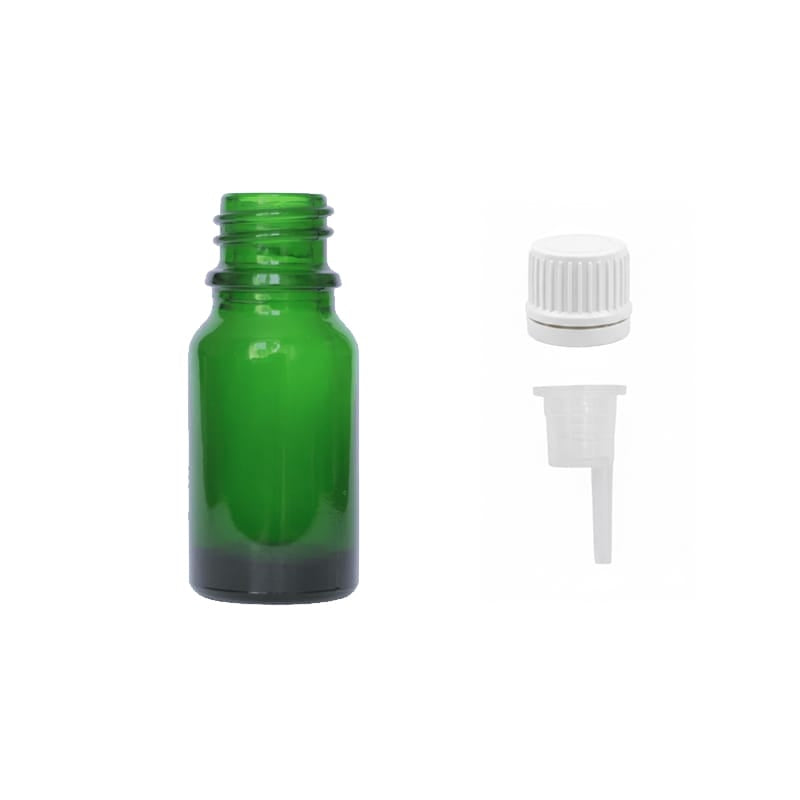10ml Green Glass Dropper Bottle with 0.6mm Dripper Insert and Tamper Evident White Cap (Type II)