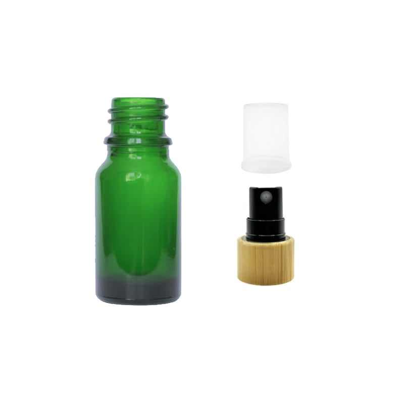 10ml Green Glass Dropper Bottle with Black Atomiser with Bamboo Collar and Clear Over Cap