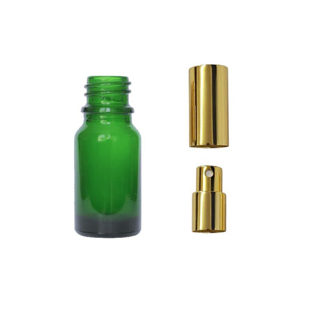 10ml Green Glass Dropper Bottle with Gold Atomiser with Gold Over Cap