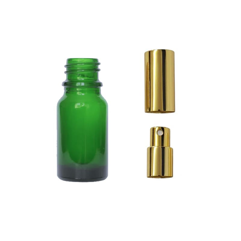 10ml Green Glass Dropper Bottle with Gold Atomiser with Gold Over Cap