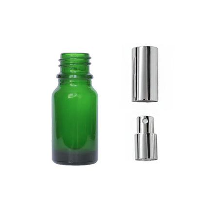 10ml Green Glass Dropper Bottle with Silver Atomiser with Silver Over Cap