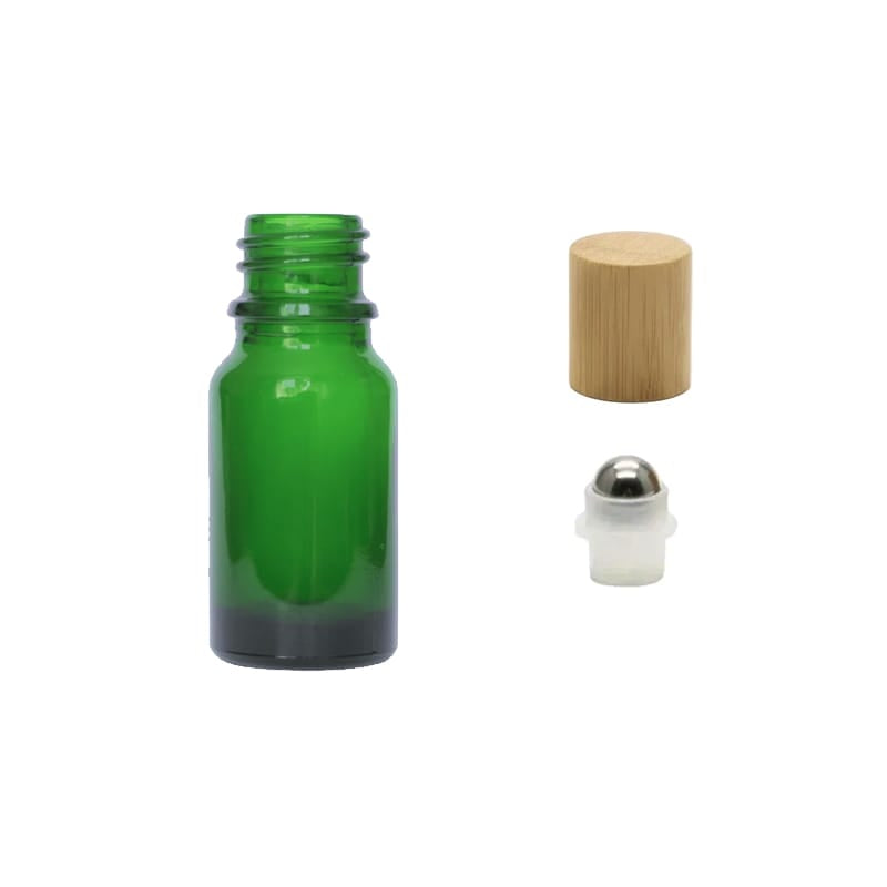 10ml Green Glass Dropper Bottle with Stainless Steel Roller Ball Insert with Bamboo Cap
