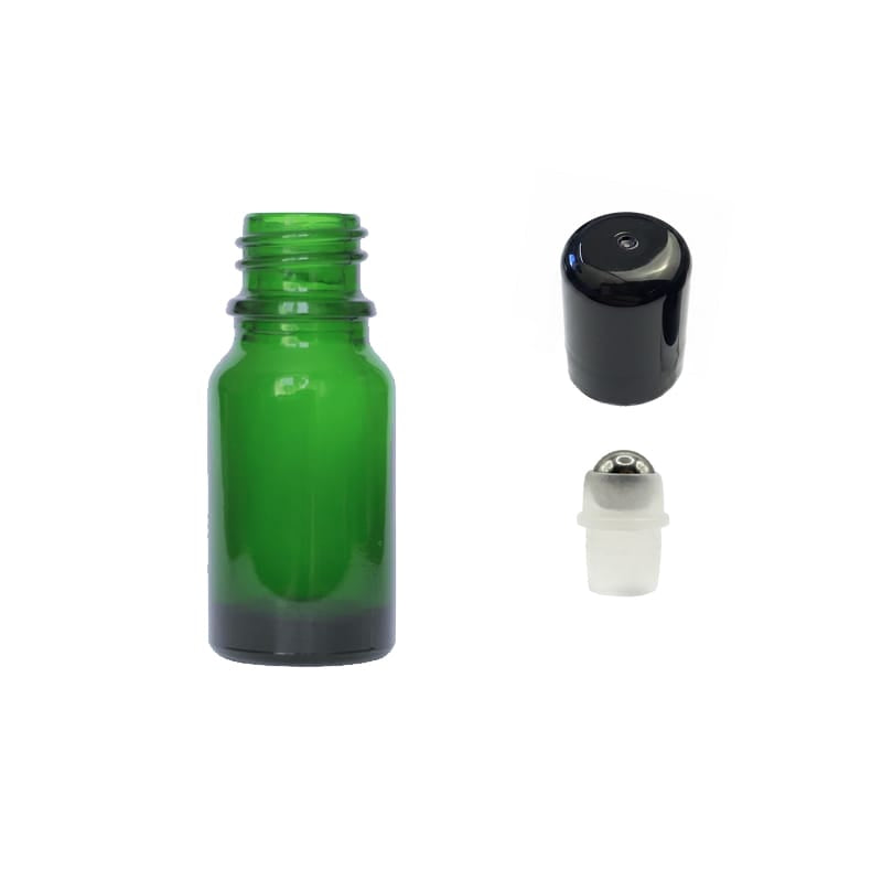 10ml Green Glass Dropper Bottle with Stainless Steel Roller Ball with Plastic Black Cap