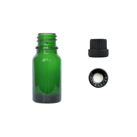 10ml Green Glass Dropper Bottle with Tamper Evident Ribbed Black Cap and EPE Liner (Type III)