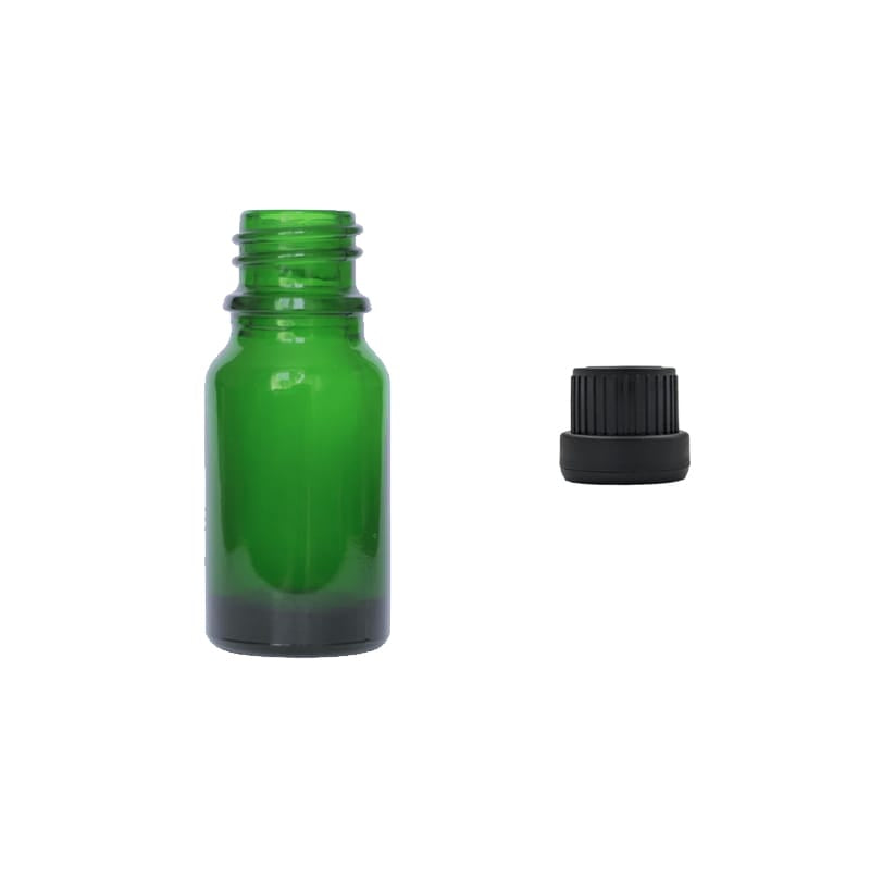 10ml Green Glass Dropper Bottle with Tamper Evident Ribbed Black Cap (Type III)