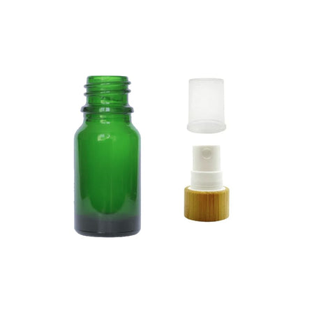 10ml Green Glass Dropper Bottle with White Atomiser with Bamboo Collar and Clear Over Cap