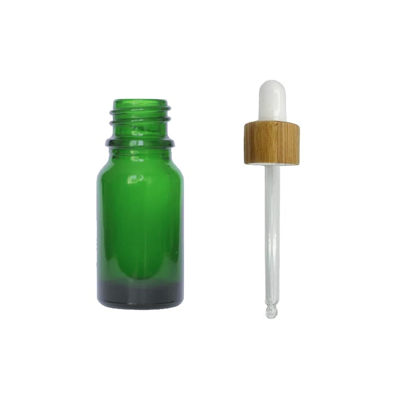 10ml Green Glass Dropper Bottle with White Bamboo Dropper