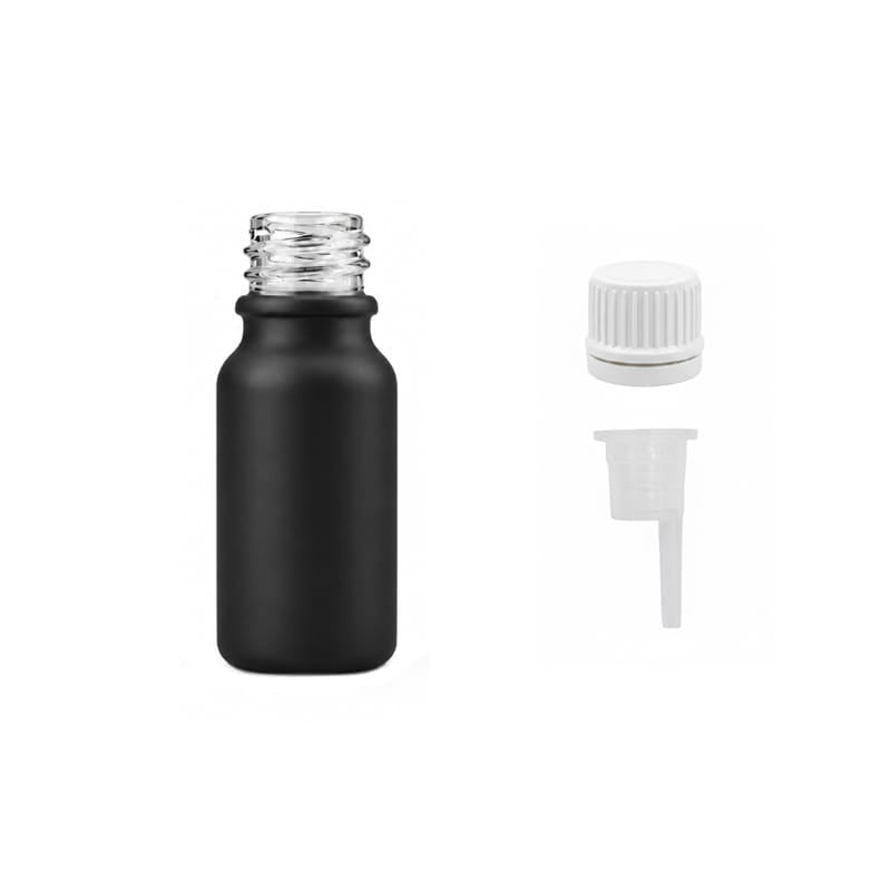 10ml Matte Black Glass Dropper Bottle with 0.6mm Dripper Insert and Tamper Evident White Cap (Type II)