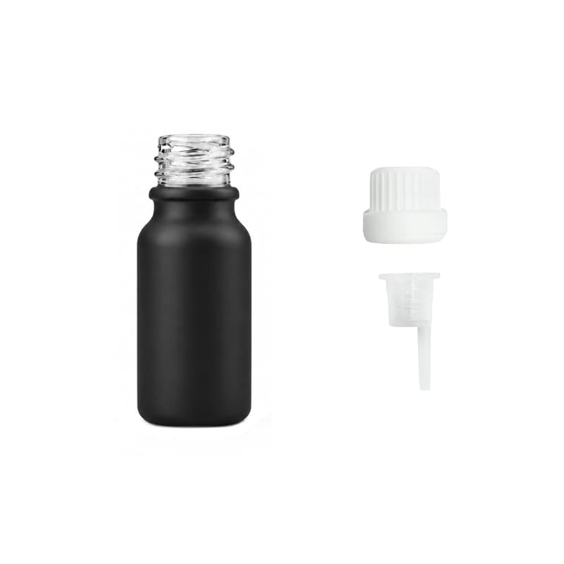 10ml Matte Black Glass Dropper Bottle with 0.6mm Dripper Insert and Tamper Evident White Cap (Type III)