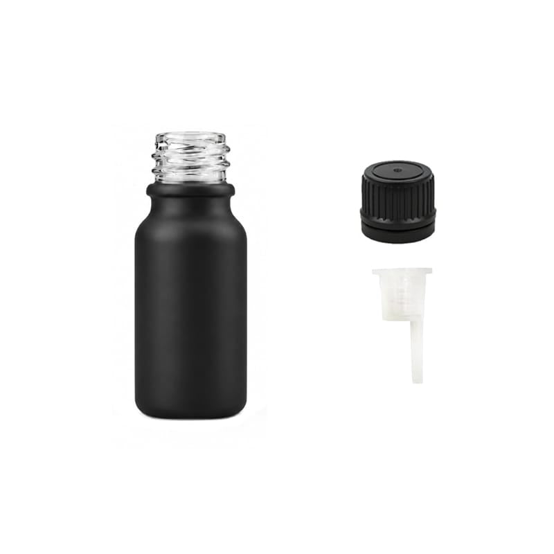 10ml Matte Black Glass Dropper Bottle with 1.5mm Dripper Insert and Tamper Evident Black Cap (Type II)