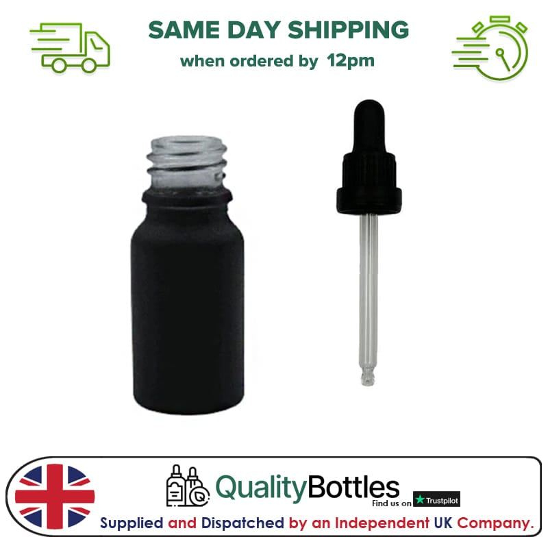 10ml Matte Black Glass Dropper Bottle with 10ml Black TE BEP - Pack of 12