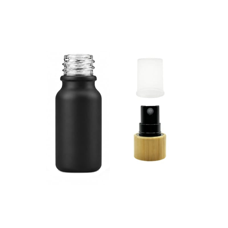 10ml Matte Black Glass Dropper Bottle with Black Atomiser with Bamboo Collar and Clear Over Cap