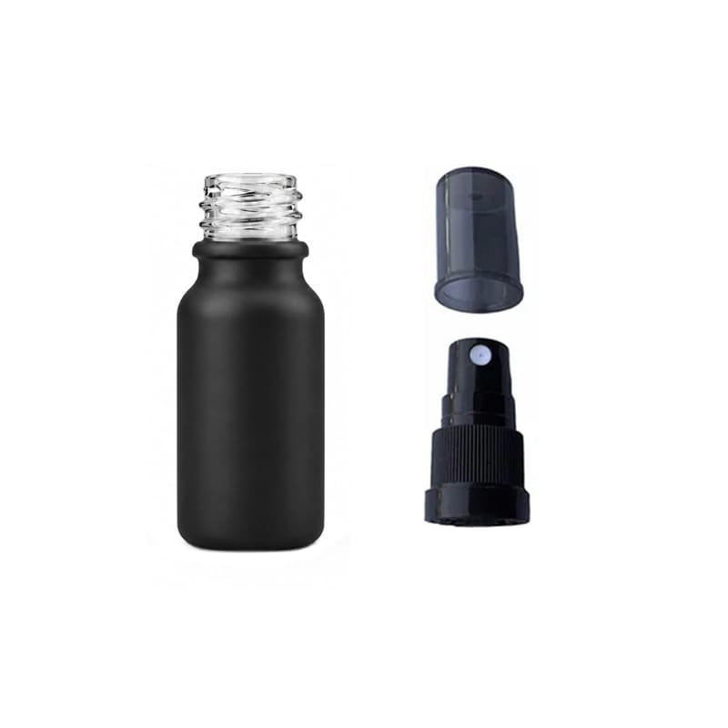 10ml Matte Black Glass Dropper Bottle with Black Tamper Evident Atomiser and Smoke Tinted Over Cap (Type III)