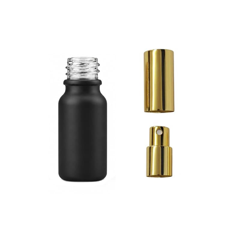 10ml Matte Black Glass Dropper Bottle with Gold Atomiser with Gold Over Cap