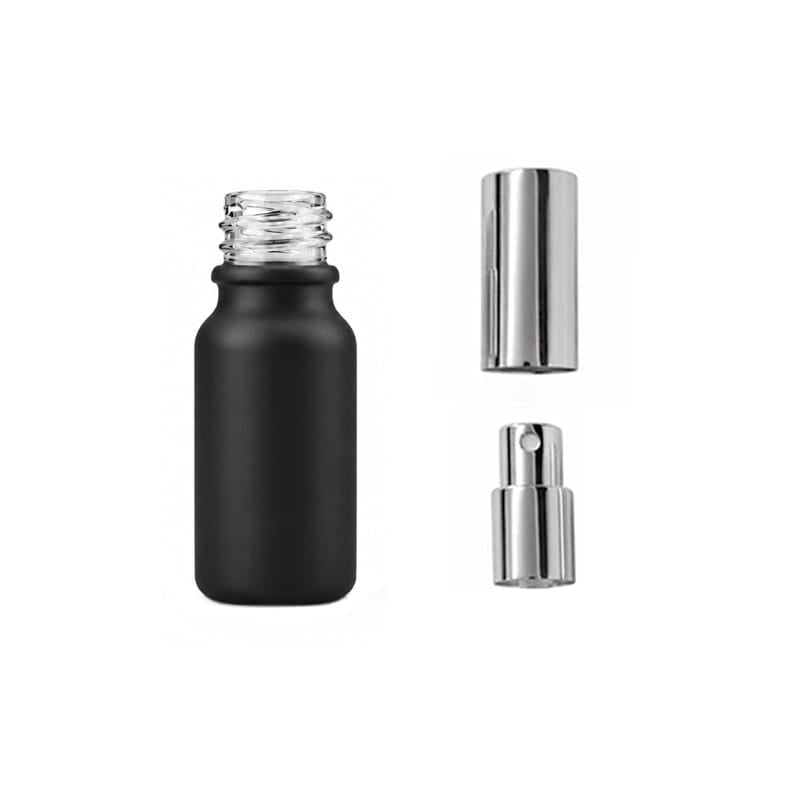 10ml Matte Black Glass Dropper Bottle with Silver Atomiser with Silver Over Cap