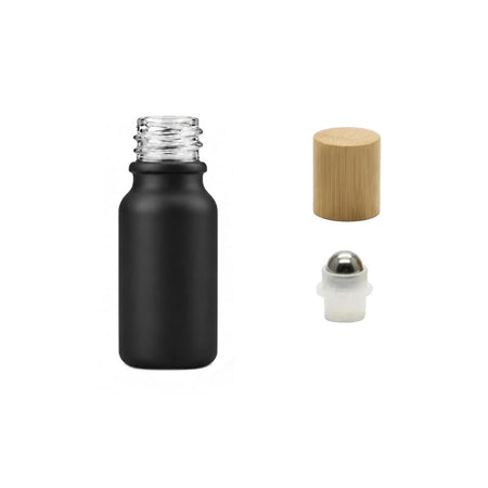 10ml Matte Black Glass Dropper Bottle with Stainless Steel Roller Ball Insert with Bamboo Cap